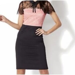 NY & Company‎ Womens Black Pink Lace Collar Sheer Sleeve Sheath Dress XXL